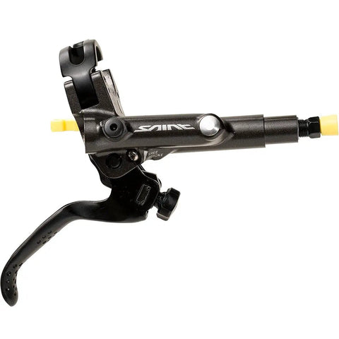 Side view of Saint M820 Hydraulic Disc Brake and Lever Front Post Mount 4 Piston Caliper with I Spec B Reach Adjust Servo Wave Actuation