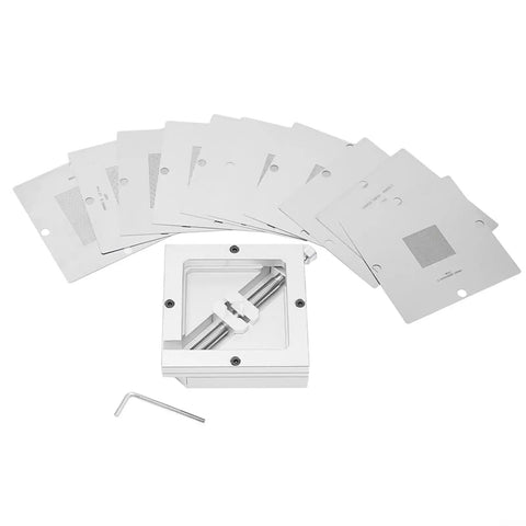 90Mm BGA Reballing Station Metal Table Clamp Soldering Holder with ten stencils for PCB repair, chip rework, and electronics manufacturing