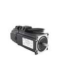 Front view of black NEMA 23 stepper motor with silver faceplate and exposed shaft
