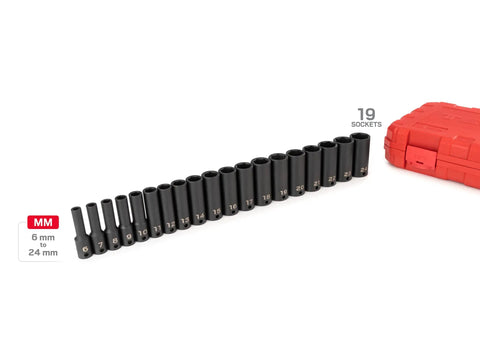 19-piece 3/8 Inch Drive Deep Six Point Impact Socket Set, metric 6 to 24 mm, with red carry case for heavy duty repairs