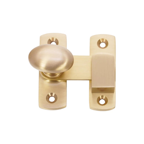 Satin Brass Oval Cabinet Turn Latch For Cupboards And Wardrobes 55mm Solid Brass, top view showing screws and latch details.