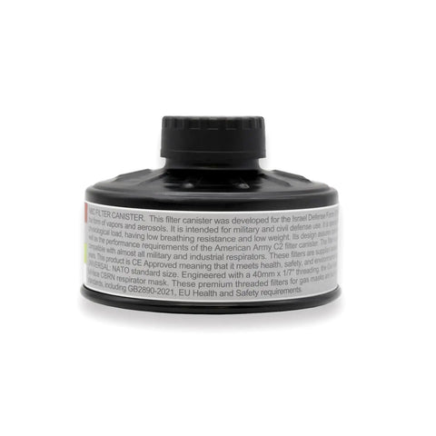 CBRN NBC Filter For 40mm Face Cover With 10 Year Shelf Life, Military Grade Protection, side view of filter canister