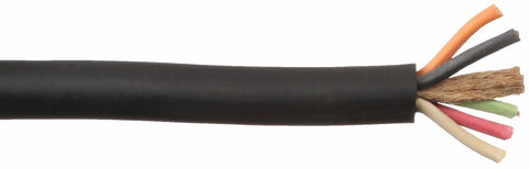 Kickin Heavy Duty 12AWG Five Conductors SOOW Portable Power Cable 600Volt Black close-up revealing wire colors and tough coating.