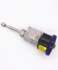 Waterjet water cutting head assembly, side view, stainless steel body with blue knob, Amazon brand for water cutting