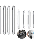 Front view of eight clear silicone furniture bumpers (4 long, 4 short) with adhesive for doors, handles, refrigerators, and chairs.