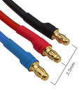 Close-up of 3.5mm banana gold bullet connectors on 16AWG heatproof silicone wires for RCs, brushless motors and ESCs, 30cm length.
