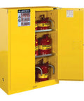 Sixty Five Inch High Flammable Safety Cabinet With Self Closing Double Doors Plus Two Built Racks To Stash Hazardous Liquids Safely And Heavy Shop Grade Steel Build In Bright Alert Yellow with red gas cans inside.