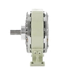 Side view of magnetic powder clutch brake with base; beige housing and metal shaft.