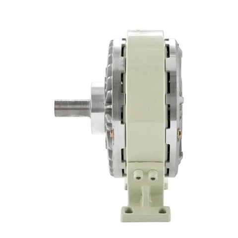 Side view of a DC24V magnetic powder brake clutch with base and left-side shaft.
