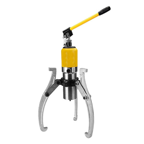 Heavy Duty Hydraulic Gear Puller With 3 Jaw Set And Bearing Removal Cylinder For 5 To 20 Ton Garage Hub Separator in silver and yellow.