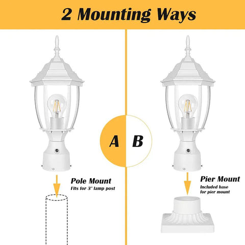 Dusk To Dawn Outdoor Post Light With Pier Mount Base showing pole and pier mounting options, waterproof aluminum lantern head.