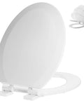 Top Shelf Molded Wood Toilet Seat Slow Close Lid High Gloss White Elongated Shape Quick Detach Hinges Zero Pinch Fingers Smooth Glide Routine Bathroom Refresh, displaying the lid and quick detach hinges.