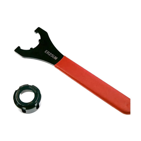 Heavy Duty ER Collet Spanner Wrench For ER16 ER20ER30ER40Chuck Nut Holder With Precision Grip For CNC Milling And Lathe Machine Tool Changes, featuring a black and red handle with a nuts holder.