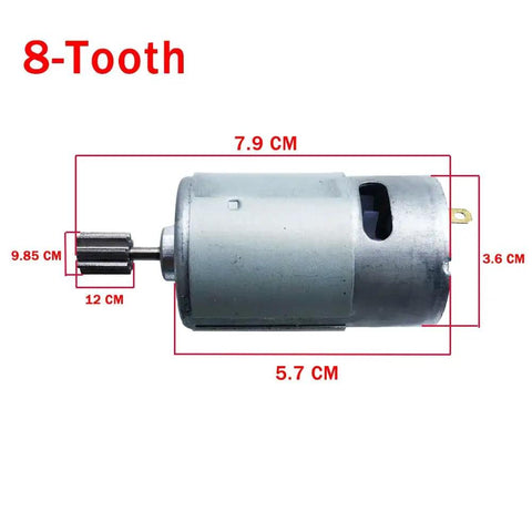 8 Tooth RS550 Ride On Power Wheel Motor For Kids Electric Toy Car 6V 12V 24V with size measurements labeled in red.