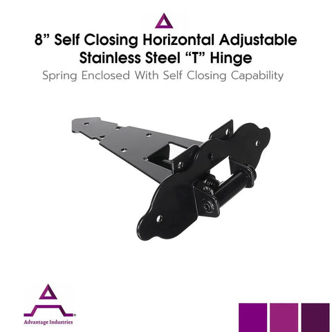 8 Inch Self Closing Gate Hinge, stainless steel, black powder coat finish, horizontal adjustable, by Advantage Industries