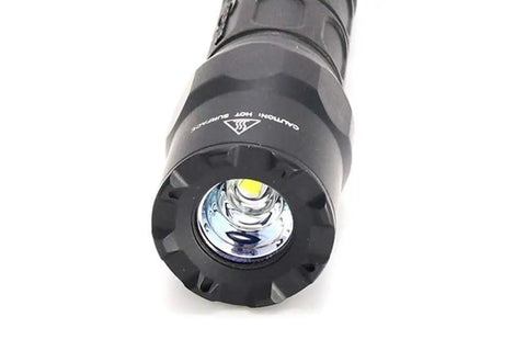 Close-up of G2X MaxVis Black Tactical Flashlight 800 Lumen High Output, 15 Lumen Low Mode, Durable LED Torch lens.