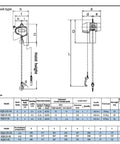 MTC Crane 1 Ton Air Hoist blueprint with pendant control; front and side views show hook and chain.