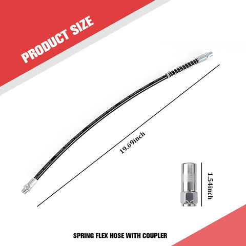 Go To 20 Inch Heavy Duty High Pressure Grease Gun Hose Kit With 10000 PSI Nylon Flex Hose One Eighth NPT Threads Coupler Universal Fit