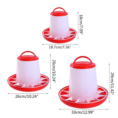Heavy Duty Plastic Hanging Chicken Feeder For Coop No Nonsense Design Quick Assembly Automatic Poultry Feed Dispenser with sizes.