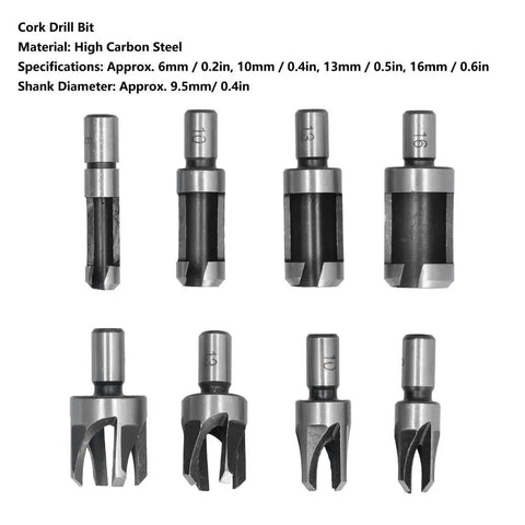 Top Shelf Eight Piece Cork Drill Bit Set High Carbon Steel Wood Plug Cutter with various sizes shown on a white background.