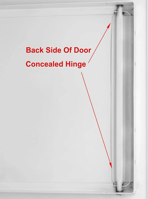 Back side view of 24x24 Beefy Universal Steel Flush Access Panel Door With Screwdriver Latch White Prime Coat Finish showing concealed hinge.
