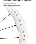 Side view of cross-laced Ultra Lightweight Carbon Fiber Road Bike Wheelset with Aero Wave design and text on rim edge.