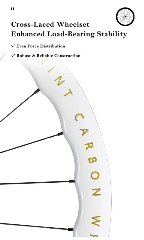 Side view of cross-laced Ultra Lightweight Carbon Fiber Road Bike Wheelset with Aero Wave design and text on rim edge.