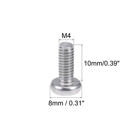 M4x10mm Pan Phillips Machine Screws In 304 Stainless Steel With Corrosion Resistant Coating for easy assembly, showing size and thread details.