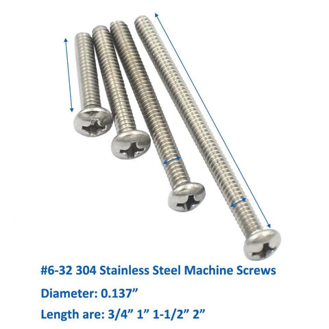 Workhorse Grade Heavy Duty 145 Piece 304 Stainless Steel Machine Screw Assortment Kit With Phillips Head Fully Threaded 6-32 Bolts In Mixed Lengths, showing various lengths.