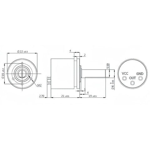 Technical drawing of 360 Degree Hall Angle Sensor With Full Circle Rotation No Dead Angles, 0.088 Degree Resolution, 0-5V Output, 12Bit Precision