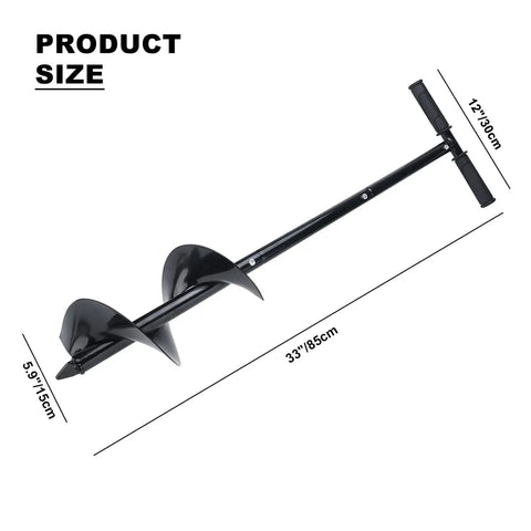 Heavy Duty Garden Auger Drill Bit 5.9 Inch By 33 Inch Handheld Post Hole Digger with dimensions labeled