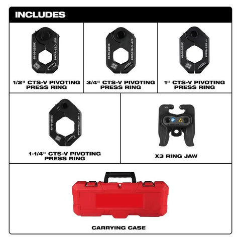Pivoting press rings and carrying case from Pro Grade Force Logic Press Tool Bundle With Half Inch To One And A Quarter Inch CTS V Pivoting Ring Kit.