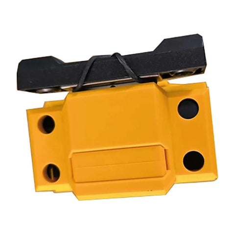 Built Like A Tank Mechanical Safety Switch For Industrial Machinery Push Button Control Panel 570230 top view with yellow body and black actuator.