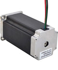 Side view: NEMA 23 bipolar stepper motor with black aluminum housing and silver end caps, 4 wires