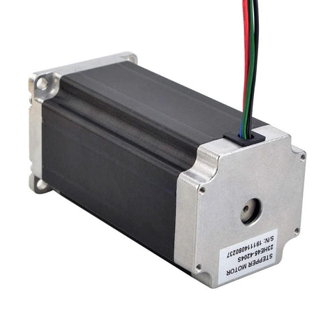 Side view: NEMA 23 bipolar stepper motor with black aluminum housing and silver end caps, 4 wires