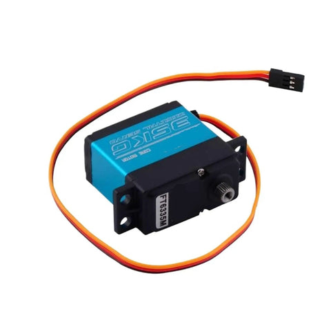 Heavy Duty Digital Servo Motor Pushing 35kg Torque On 7.4V High Voltage Full Metal Gear Assembly 360 Continuous Rotation Heat Protected Setup, blue and black motor with wires.