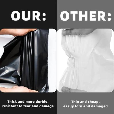 Comparison of black poly mailer with durability and tear resistance versus a thin, easily torn white mailer.