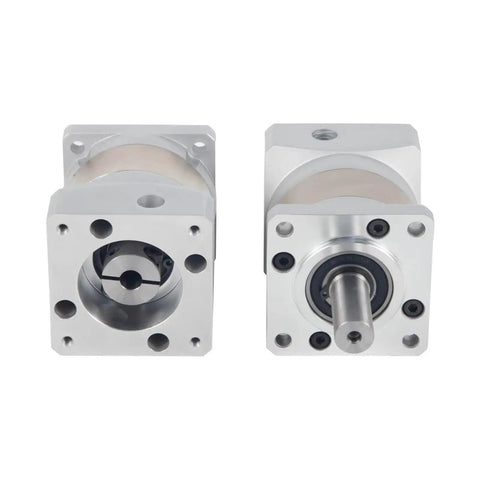 Front and side view of Planetary Gearbox Speed Reducer for Nema 23 Stepper Motors with a wide range of ratios from 3 to 1 up to 100 to 1