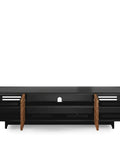 Quad Width Low Media Cabinet 8173 with Natural Walnut Finish, space-saving TV console shown with open doors and cable management features