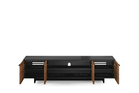 Quad Width Low Media Cabinet 8173 with Natural Walnut Finish, space-saving TV console shown with open doors and cable management features