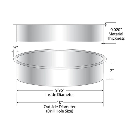 Diagram of 10 inch diameter 2 inch height polished stainless steel trash grommet for countertop inserted trash chutes, corrosion-resistant.