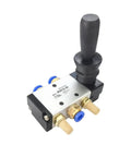 Five Way Pneumatic Air Valve With Hand Lever, One Quarter Inch Inlet, Two Position, Five Port, Manual Control, Aluminum Body, 8mm Fittings