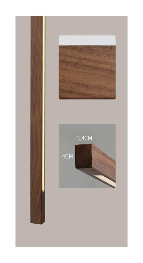 Close-up of Modern Wood LED Pendant Lights Minimalist Wooden Hanglamp showing dimensions 3.4cm and 4cm, detail of A-pinewood finish.