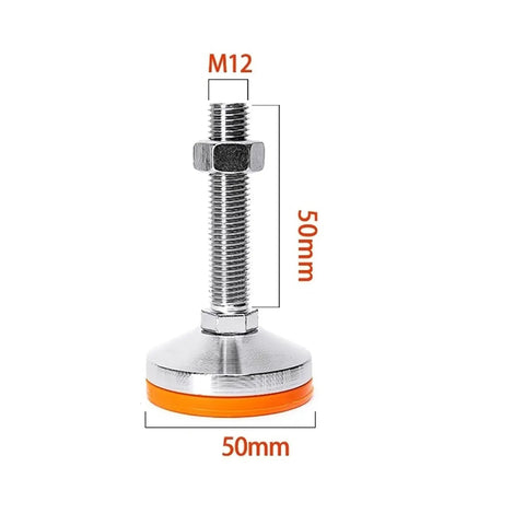 Solid As A Rock Adjustable Rubber Floor Leveling Feet Featuring Thick Carbon Steel Base And Threaded Lift Mechanism For Quick Wobble Free Support Of Heavy Machinery And Gear Racks On Rough Floors, showing M12 threaded design with orange rubber base.
