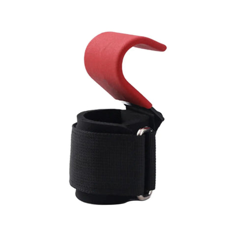 Two Pack Wrist Lifting Straps With Adjustable Wraps And Anti Slip Metal Hooks for powerlifting showing red hook open
