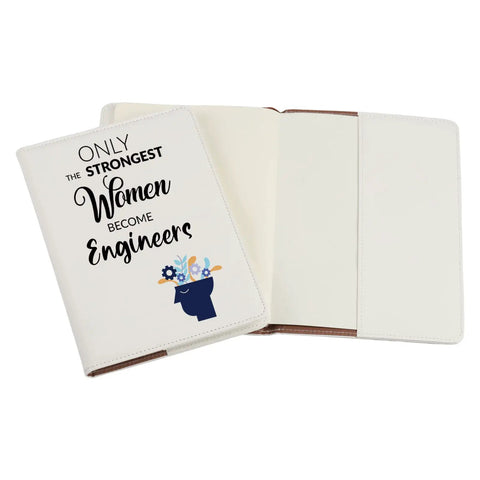 Leather Engineer Notebook Cover For Women with inspirational quote design, open A5 size, waterproof leather cover.