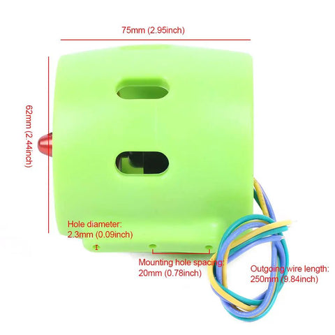 Beefy 312W Underwater Motor for RC Boats and Submarines dimensions with green housing and wires.