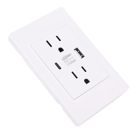 Top-Tier 15A Wall Outlet With Built-In USB And Type-C Ports for seamless dual device charging, white durable socket.