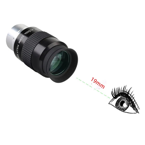 32mm 1.25 Inch Plossl Eyepiece For Telescopes With Filter Thread showing 19mm eye relief, black metal body, FMC coatings.
