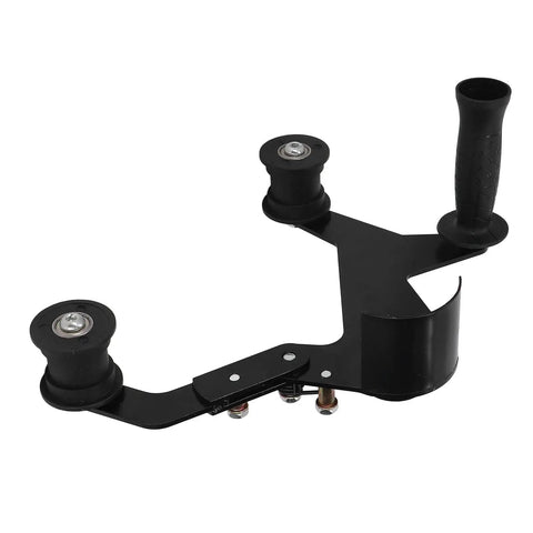 Heavy Duty Belt Sander Adapter For Angle Grinder Tough As Nails stainless steel attachment with dual rollers and handle.